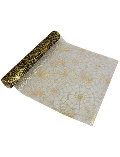 Traversă de masă din organza neagră cu model pânză de păianjen aurie 29 cm Halloween elegant x 5m