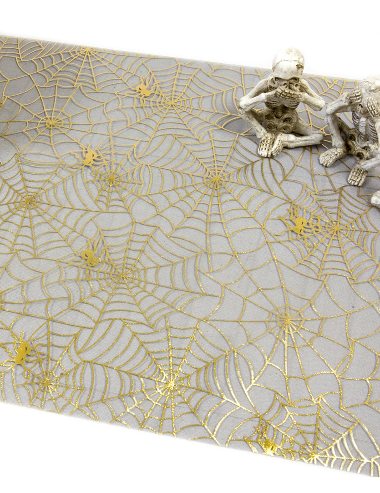 Traversă de masă din organza neagră cu model pânză de păianjen aurie 29 cm Halloween elegant x 5m