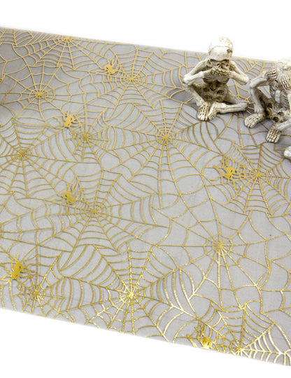 Traversă de masă din organza neagră cu model pânză de păianjen aurie 29 cm Halloween elegant x 5m
