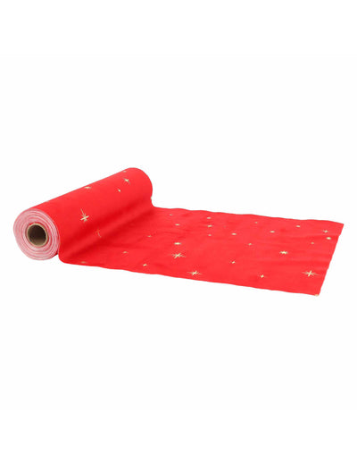Traverse de masă cu stele din catifea roșie și aurie 28 cm x 3 m