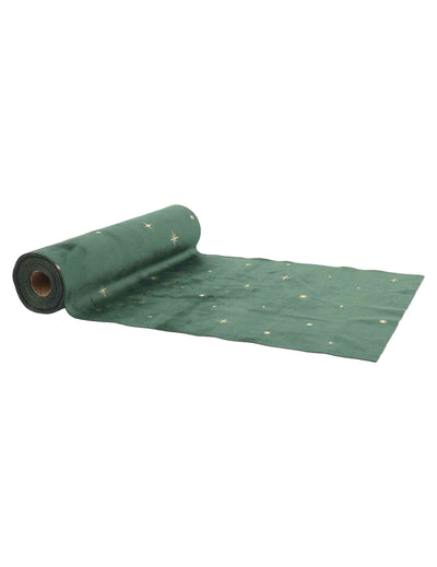 Traverse de masă cu stele din catifea verde englezesc și aurie 28 cm x 3 m