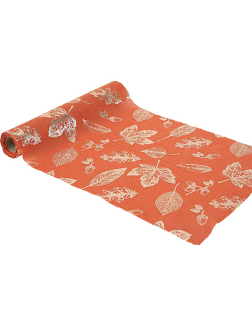 Traversă de masă din șifon cu frunze de toamnă aurii și teracotă de 28" cm x 3 m