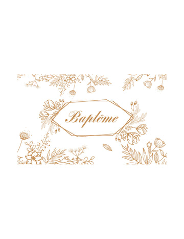 Traversă de masă cu flori aurii pentru botez 30 cm x 5 m alb și auriu