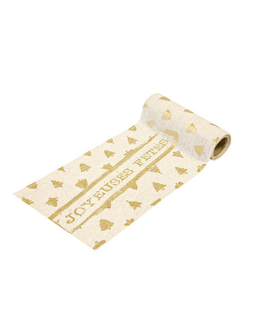 Covor de masă Happy Holidays din pânză aurie naturală, 4m x 14m cm Motive de brad de Crăciun