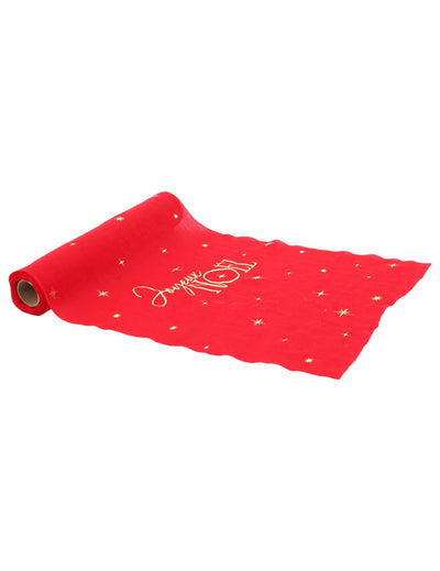 Traversă de masă Crăciun Fericit atemporală roșu și auriu 28 cm x 3 m