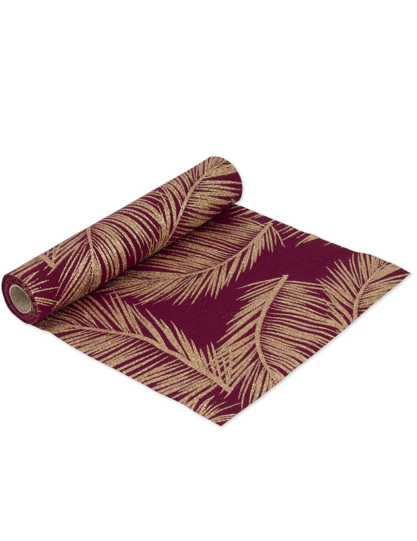 Covor de masă elegant și strălucitor din in Marsala cu ferigi de cupru, 28 cm x 5 m