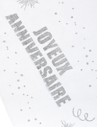 Cornișă de masă din organza argintie strălucitoare cu mesajul „La mulți ani” 29 cm x 5 m