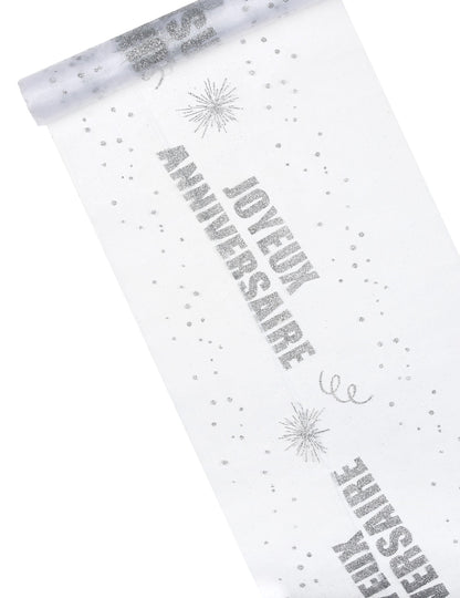 Chemin de table organza Joyeux anniversaire argent pailleté