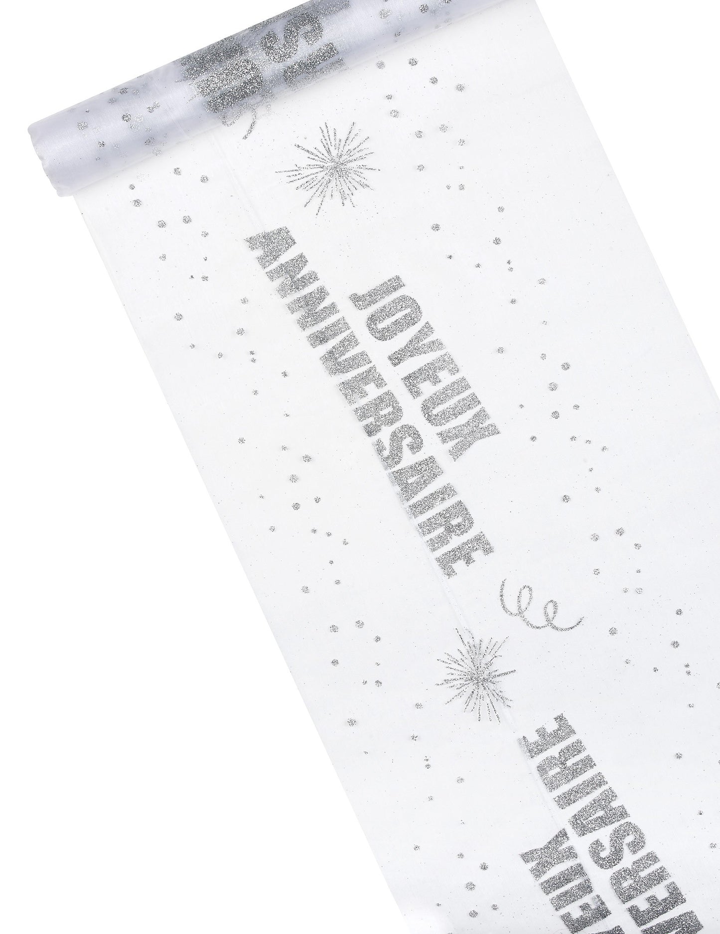 Cornișă de masă din organza argintie strălucitoare cu mesajul „La mulți ani” 29 cm x 5 m