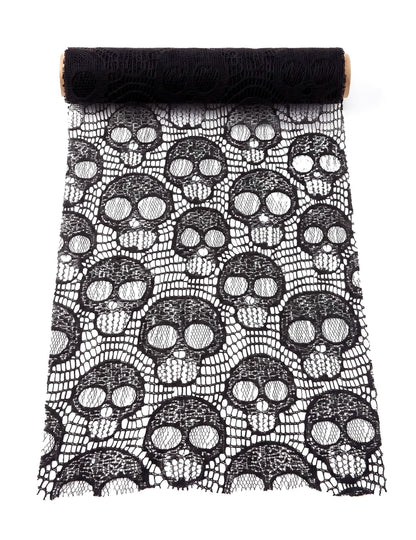 Traversă de masă cu cap de mort din dantelă neagră 28 cm x 3 m
