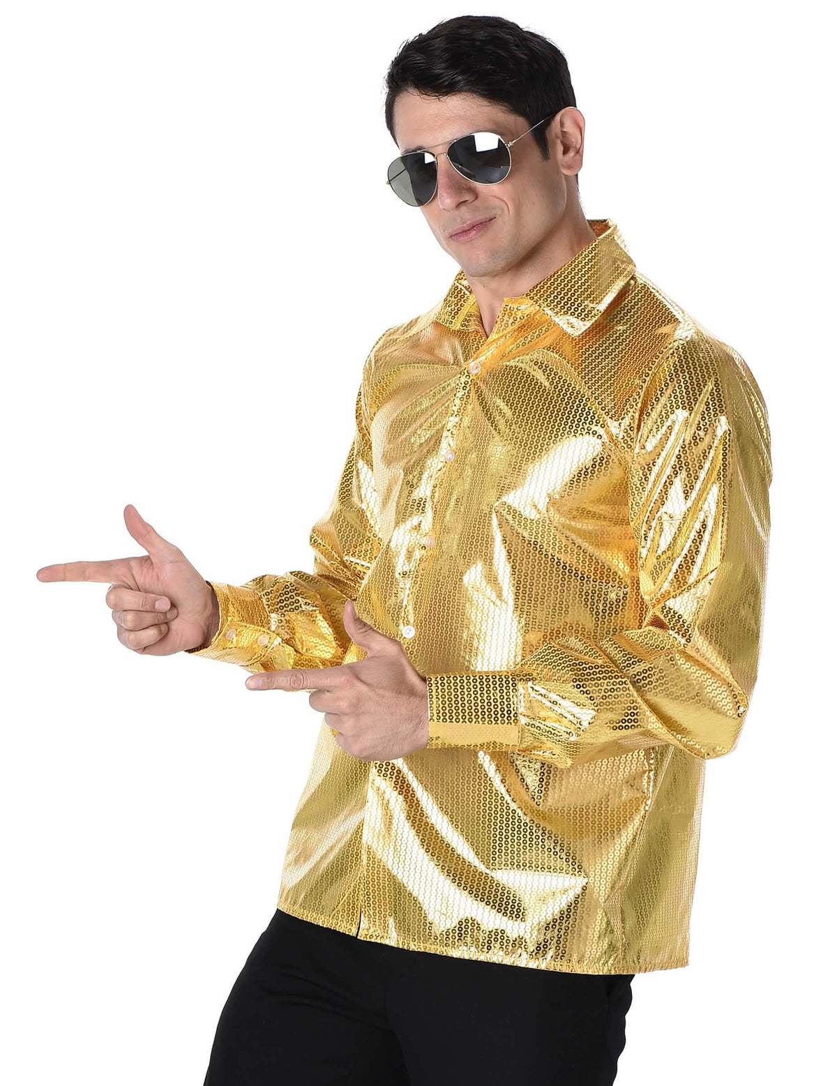 Vedere din profil a cămășii disco pentru bărbat cu paiete aurii