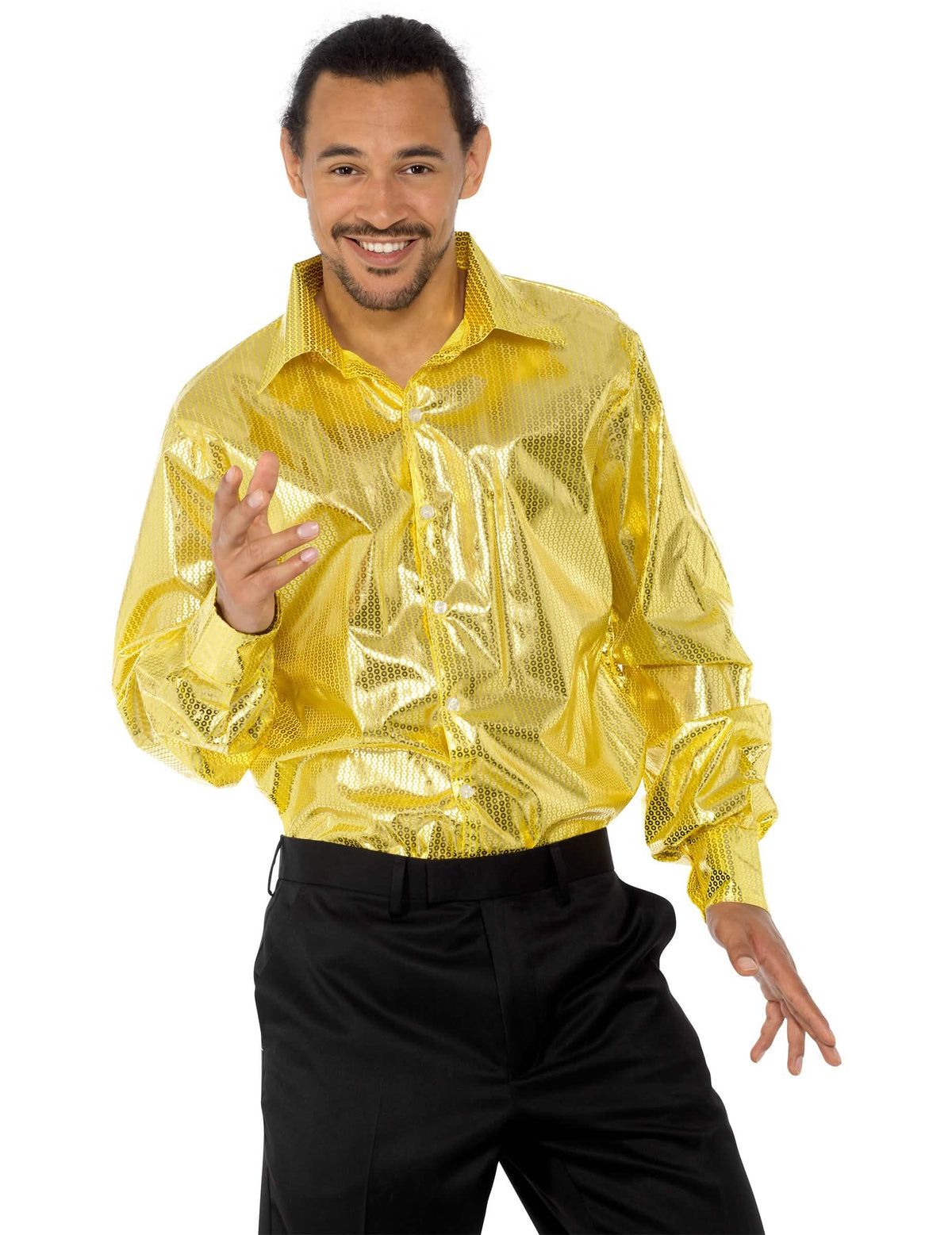 Vedere din față a cămășii disco pentru bărbat cu paiete aurii