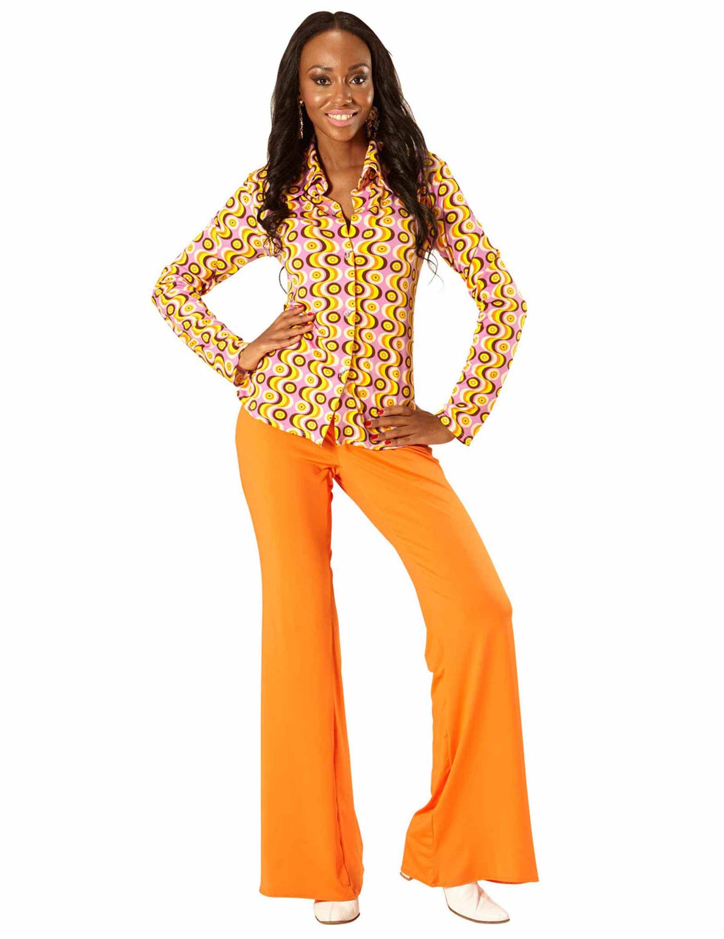 Chemise groovy disco années 70 pour femme rose et jaune à motifs psychédéliques