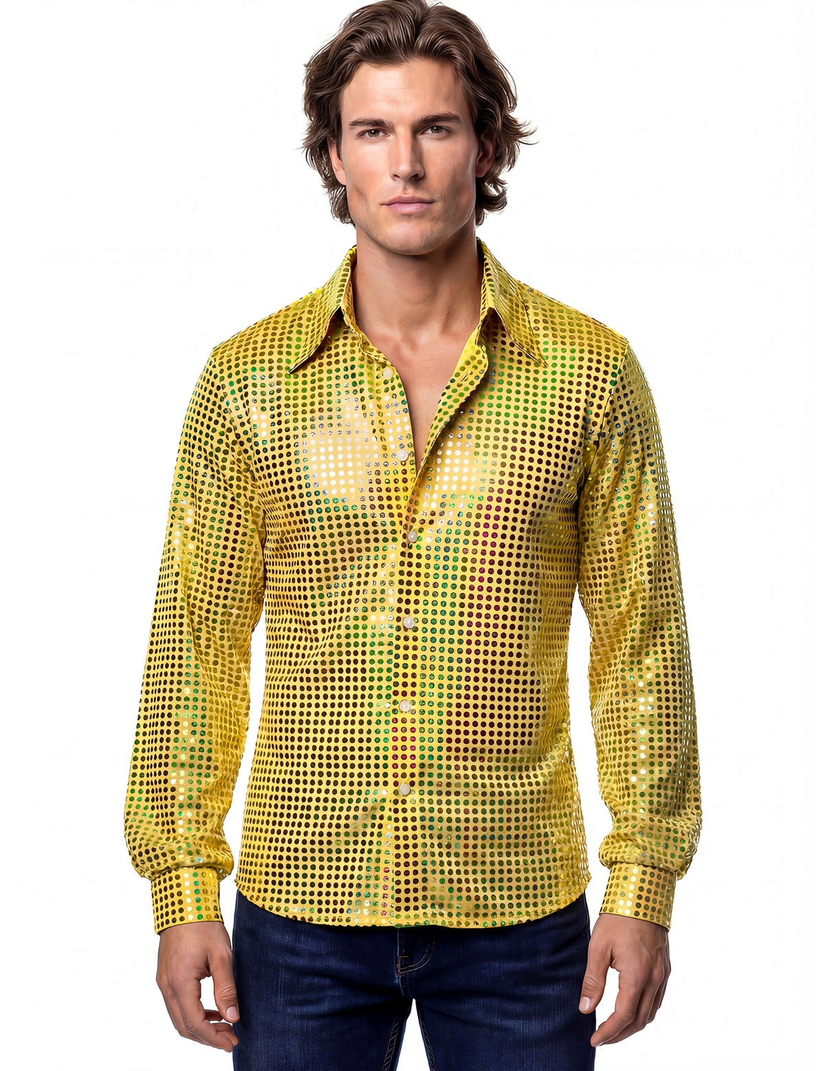 Vue de face de la chemise disco pour homme jaune haut de gamme à sequins