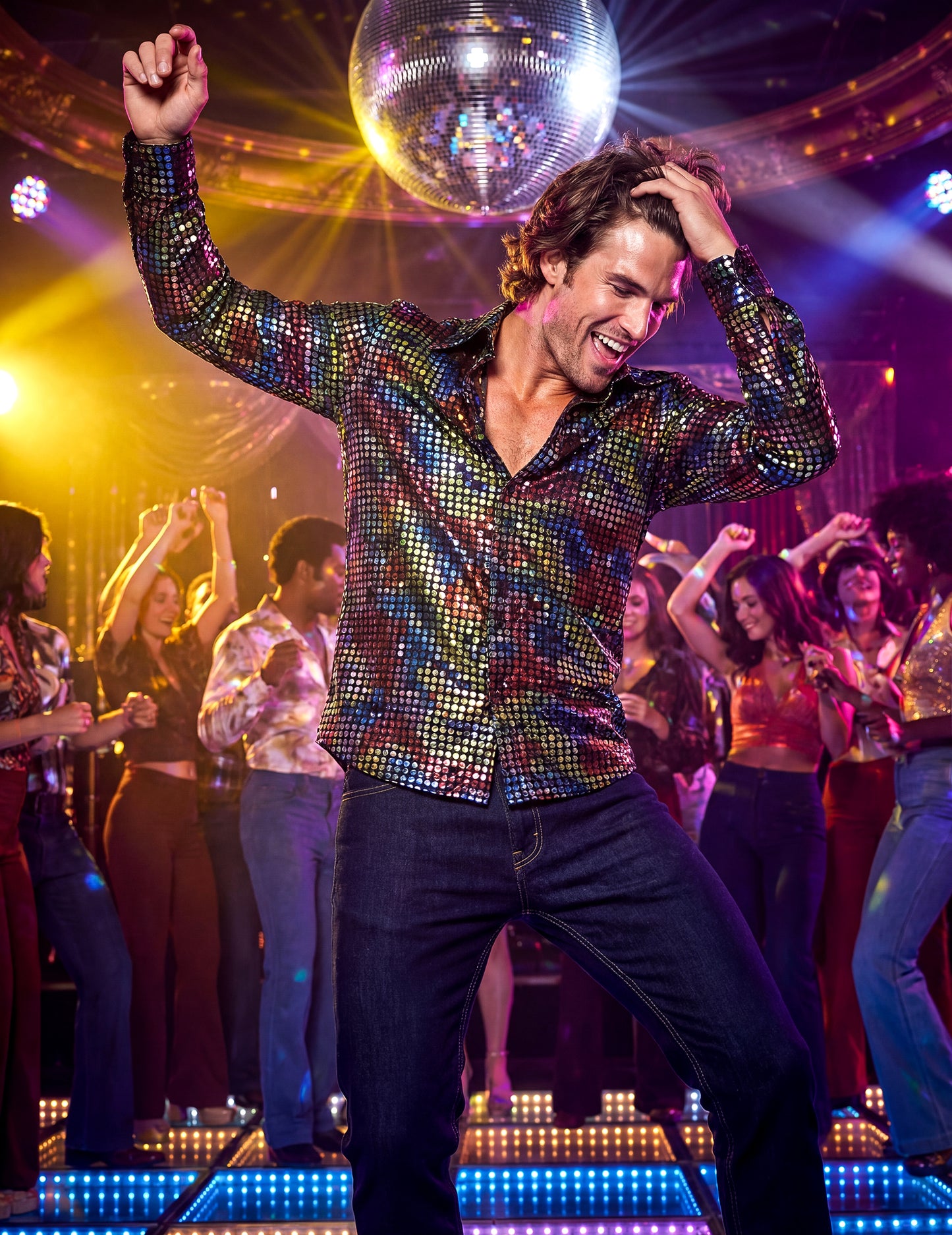 Cămașă bărbătească disco multicoloră de înaltă calitate