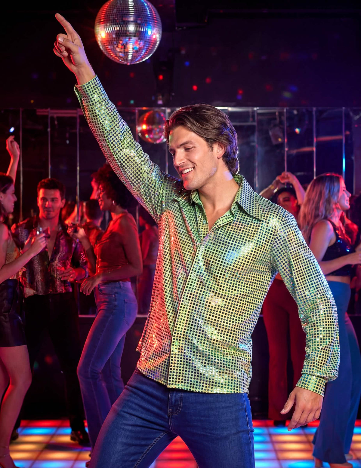 Cămașă disco pentru bărbat verde cu paiete gamă înaltă