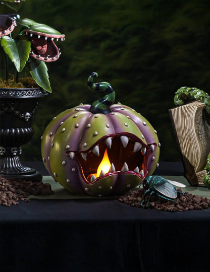 Citrouille carnivore décorative en résine avec LED 28 x 28,5 x 28,5 cm
