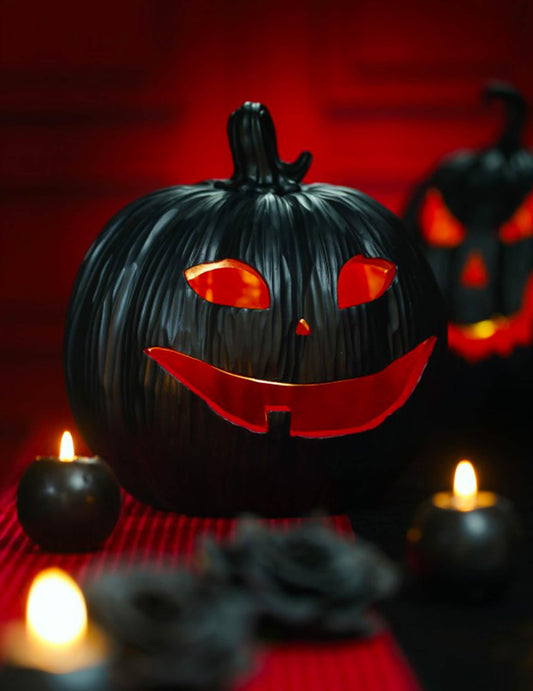 Citrouille décorative en résine noire et rouge avec LED 25 x 24 x 25 cm