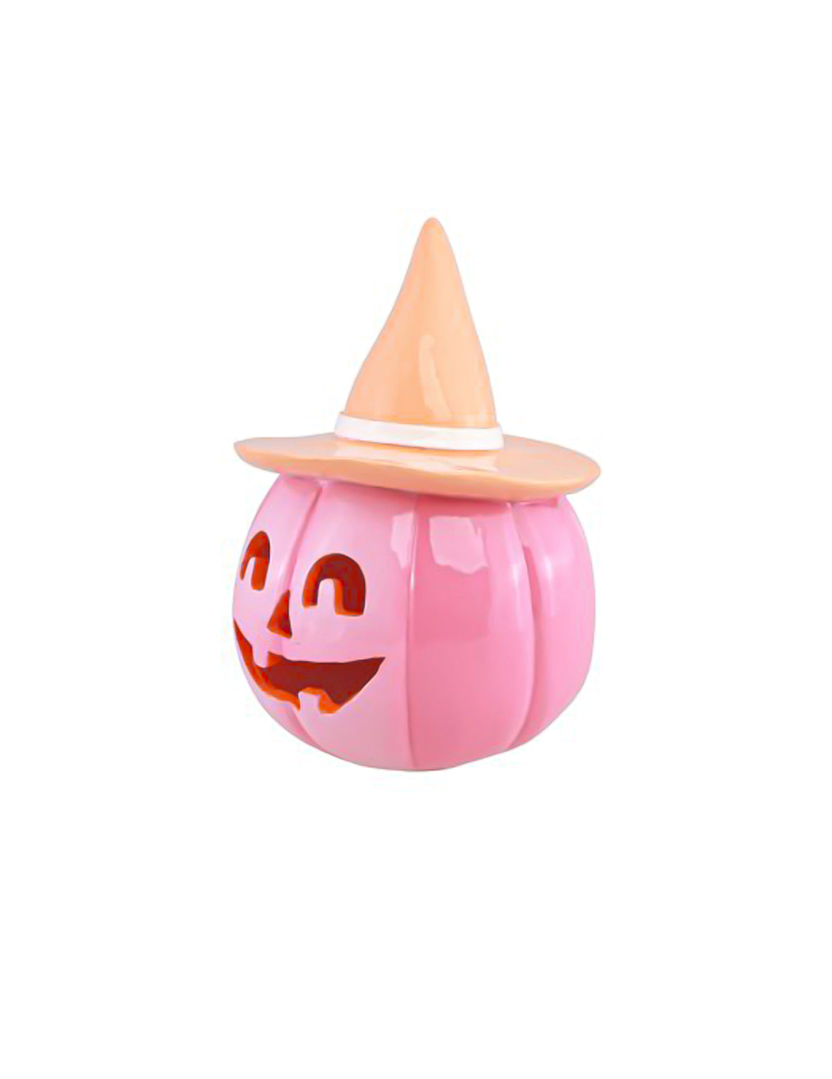 Citrouille décorative Summerween en résine rose avec chapeau orange pastel 12,5 x 12,3 x 17 cm