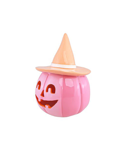 Citrouille décorative Summerween en résine rose avec chapeau orange pastel 12,5 x 12,3 x 17 cm