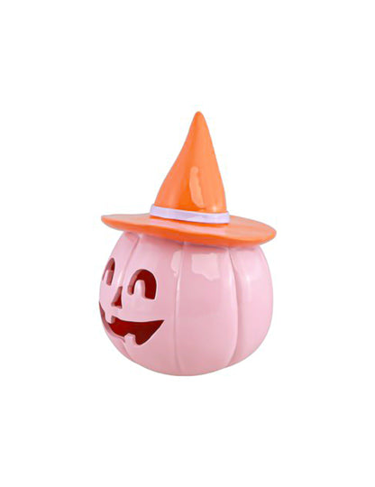 Citrouille décorative Summerween en résine rose pastel avec chapeau orange 12,5 x 12,3 x 17 cm