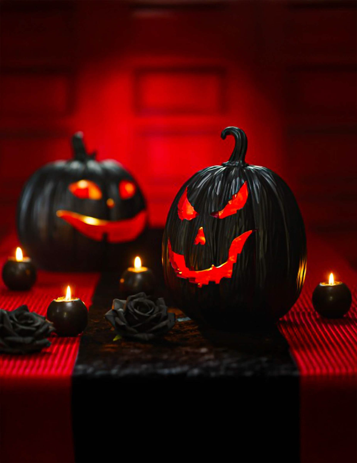 Citrouille démon décorative en résine noire et rouge avec LED 21 x 21 x 29 cm