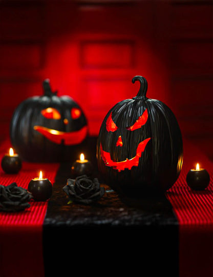 Citrouille démon décorative en résine noire et rouge avec LED 21 x 21 x 29 cm