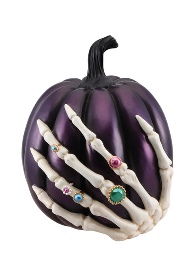 Citrouille en résine main squelette pour Halloween violette avec bagues colorées