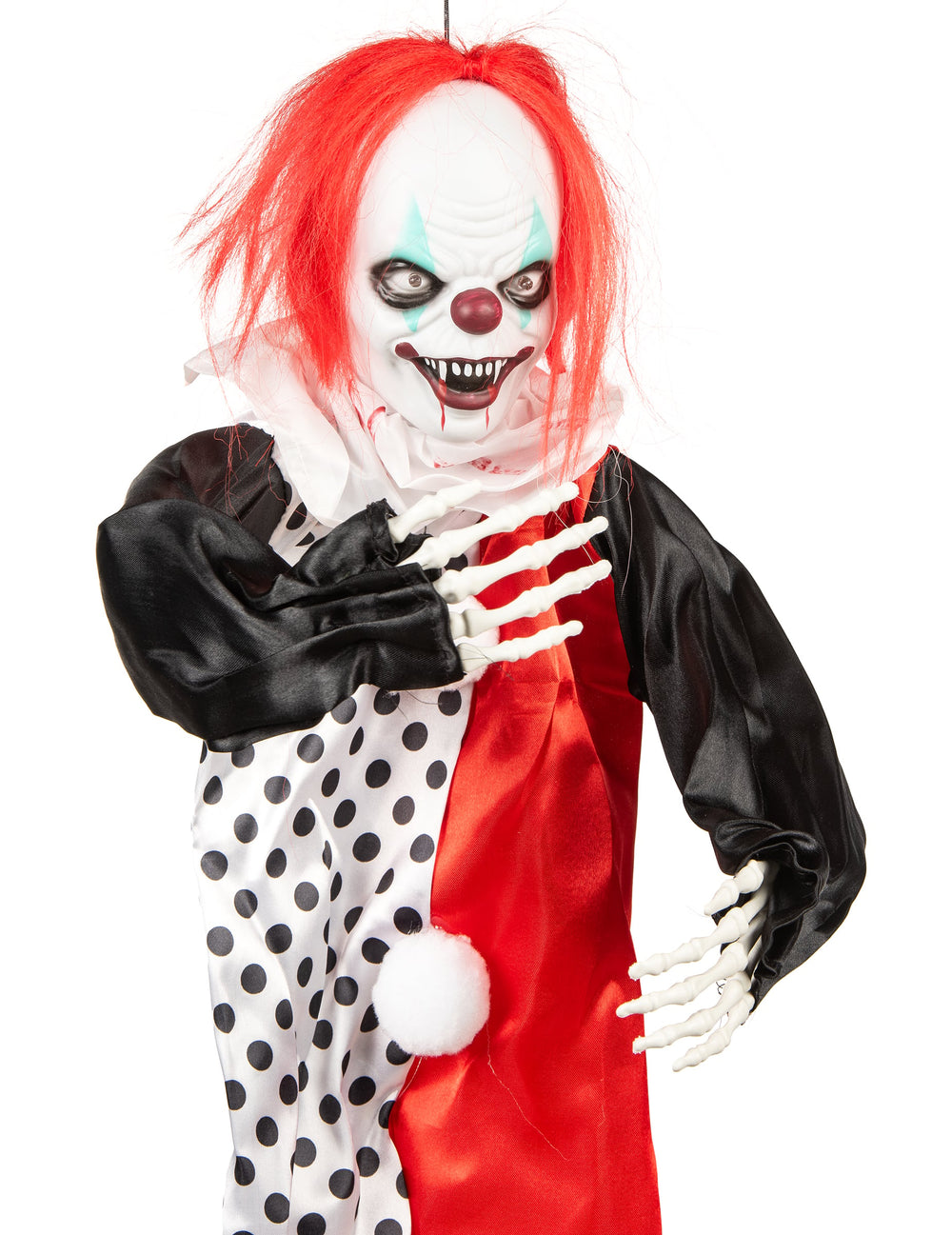 Clown assassin lumineux pour décoration Halloween avec cheveux rouges et mains squelettes