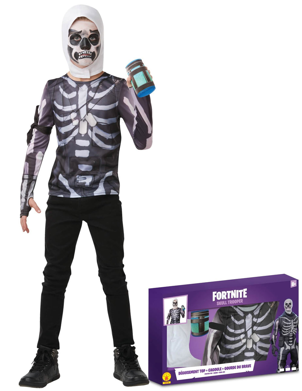 Set de costum Skull Trooper Fortnite pentru adolescent, alb și negru, cu cagulă și bidon de apă