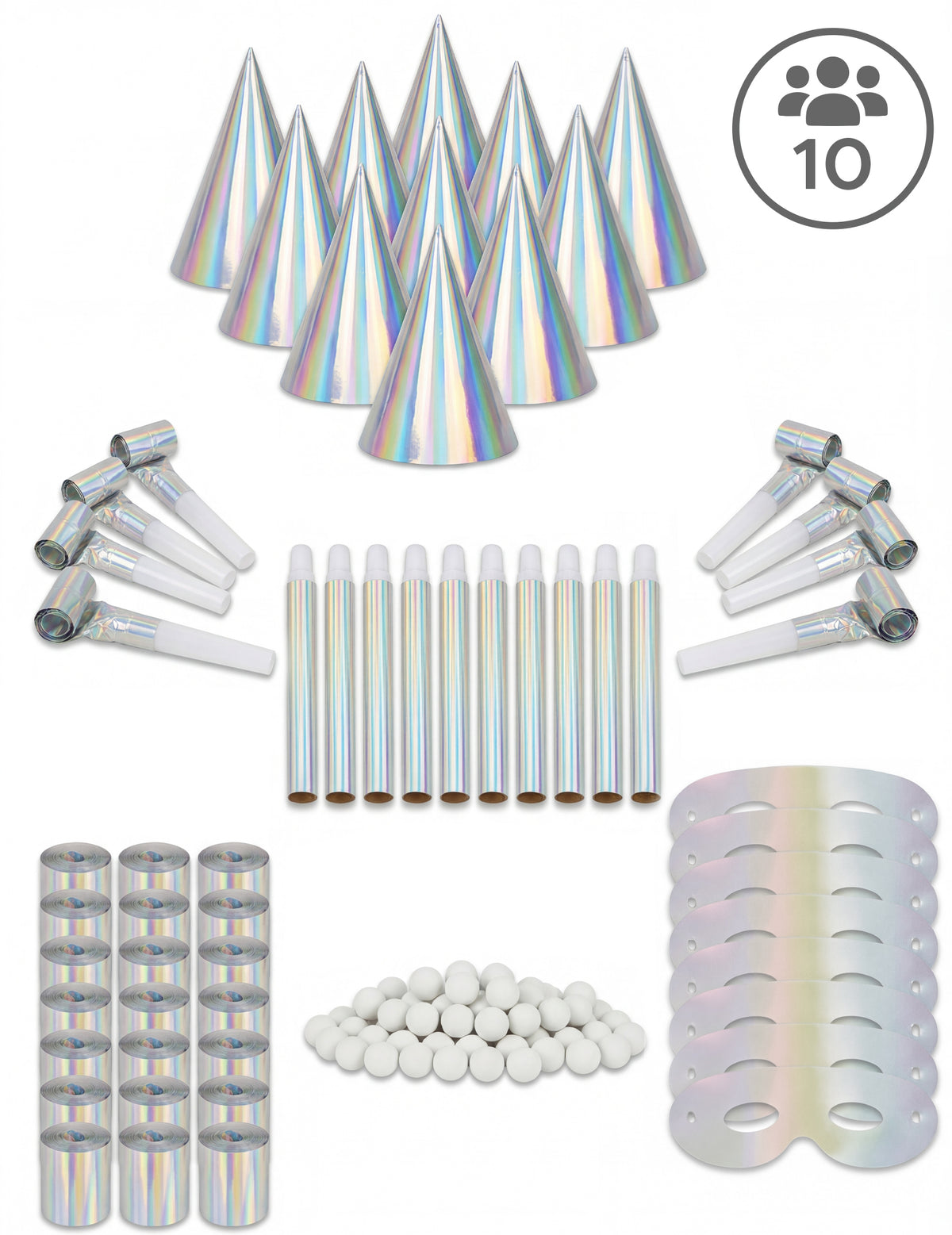 Coffret cotillons irisés pour 10 personnes argenté holographique