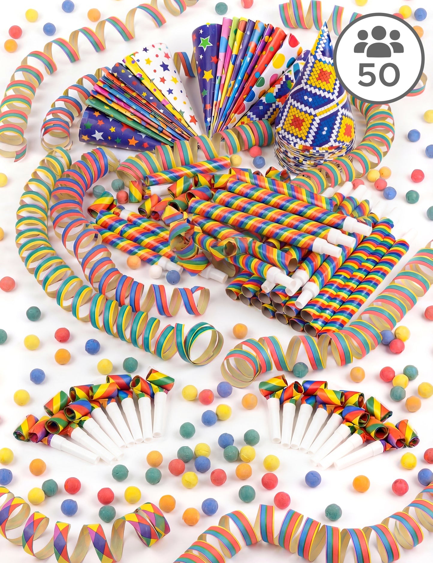 Coffret cotillons multicolores pour 50 personnes avec serpentins, sans-gênes et chapeaux