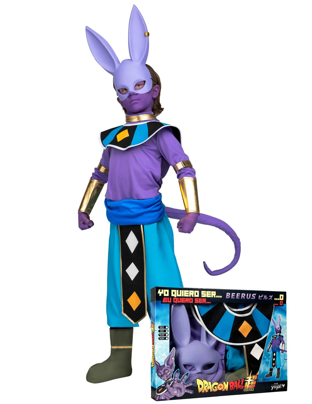 Costum cu mască Beerus Dragon Ball pentru copil mov și albastru cu detalii aurii