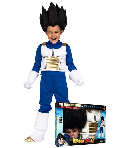Costum deghizat cu perucă Vegeta Dragon Ball pentru copil, albastru și alb, cu armură aurie