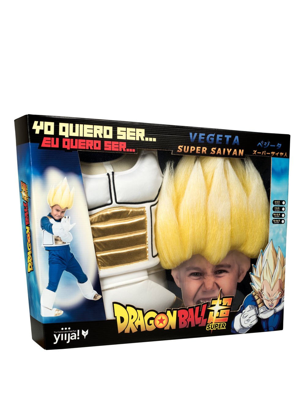 Vue de trois-quarts du coffret déguisement Super Saiyan Vegeta Dragon Ball
