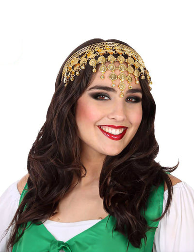 Coiffe bohémienne gipsy pour adulte dorée avec pièces de monnaie