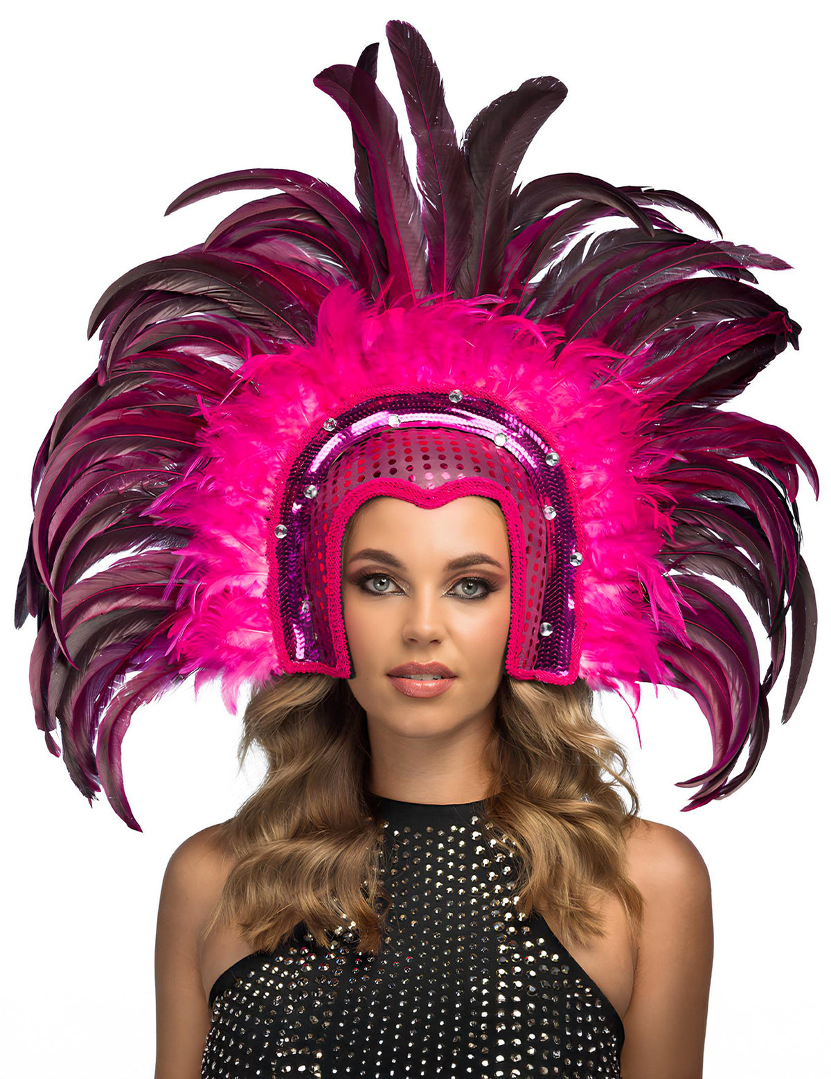 Coiffe brésilienne à plumes pour adulte rose avec sequins et strass