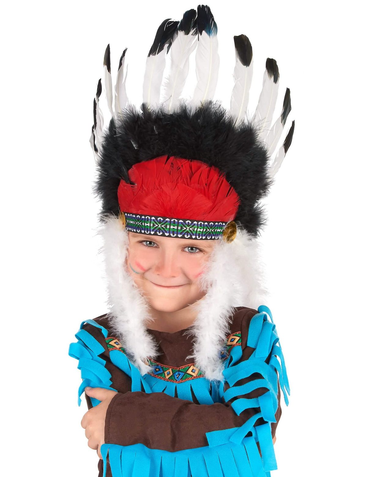 Coiffe chef indien avec plumes pour enfant rouge noir et blanc