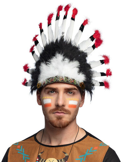 Coiffe d'indien à plumes pour adulte noir blanc et rouge