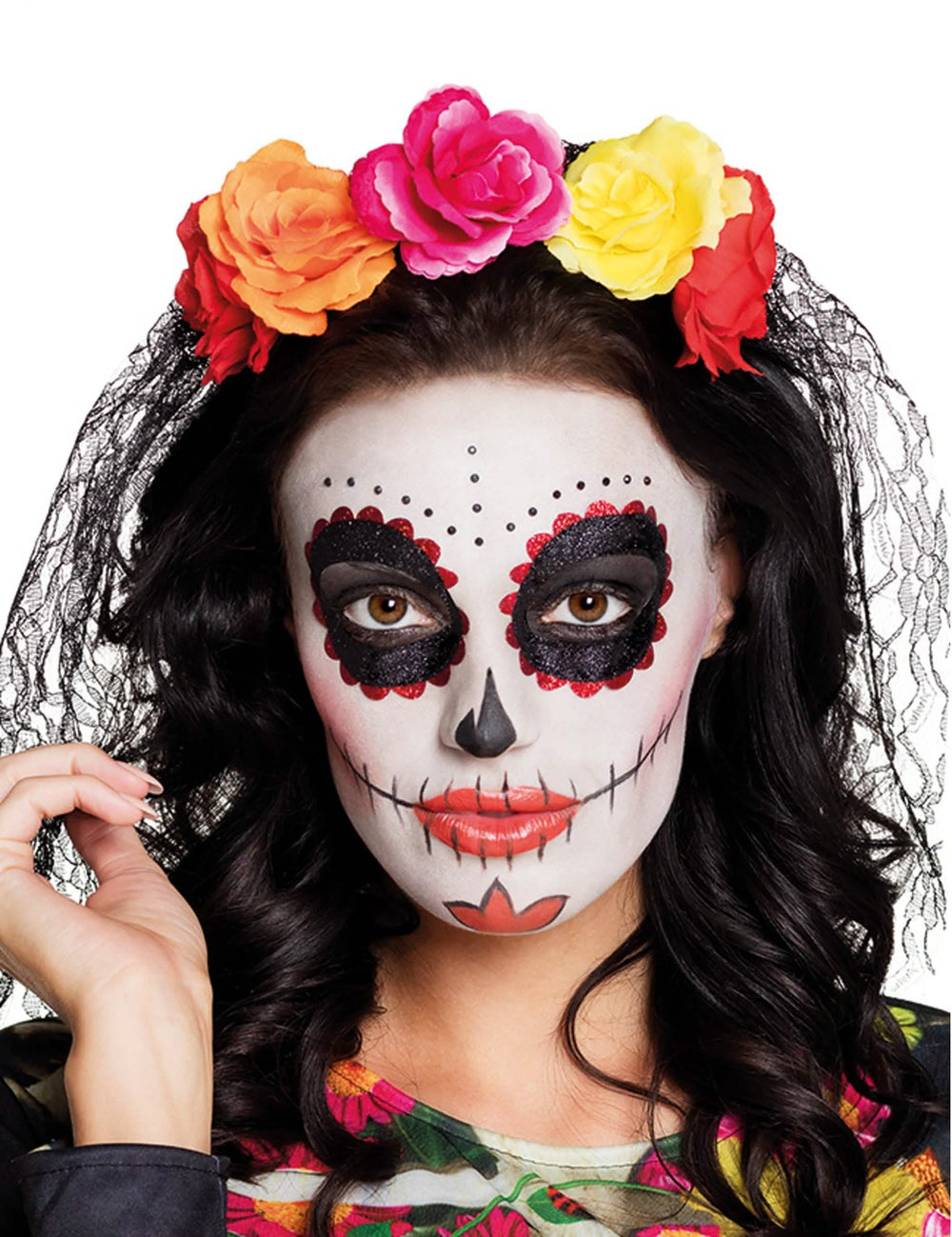 Pălărie Dia de los muertos pentru adult cu trandafiri mari multicolori și voal din dantelă neagră