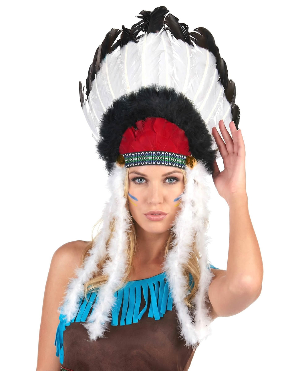 Coifură indiană cu pene pentru adult alb negru și roșu
