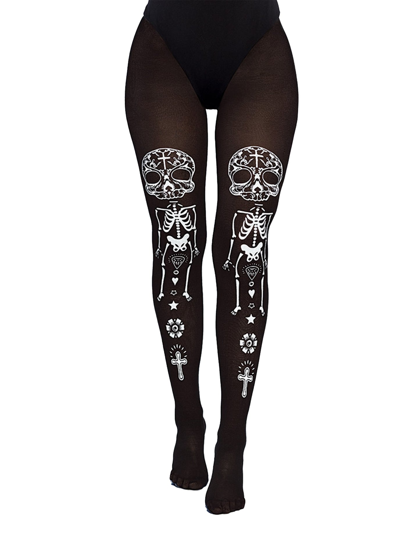 Gros plan sur les motifs du collant squelette Dia de los muertos