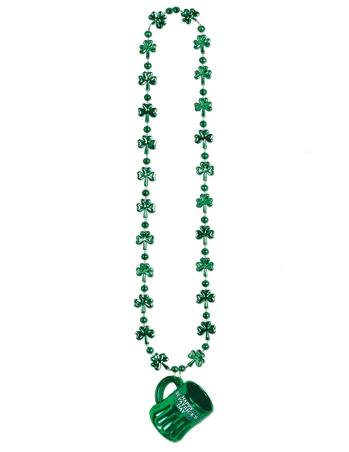 Colier St Patrick pentru adult verde cu pandantiv halbă și perle trifoi