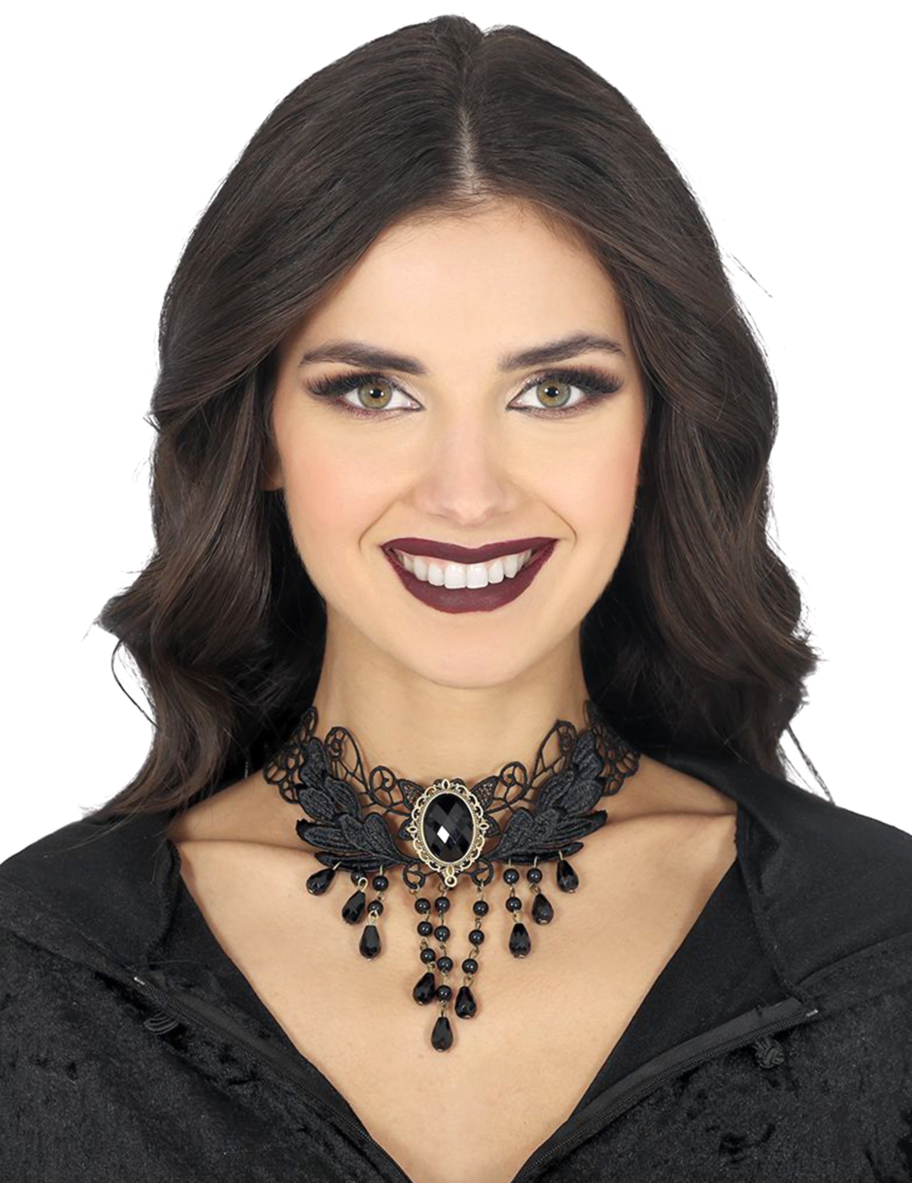 Collier en dentelle avec pierres noires pour femme noir