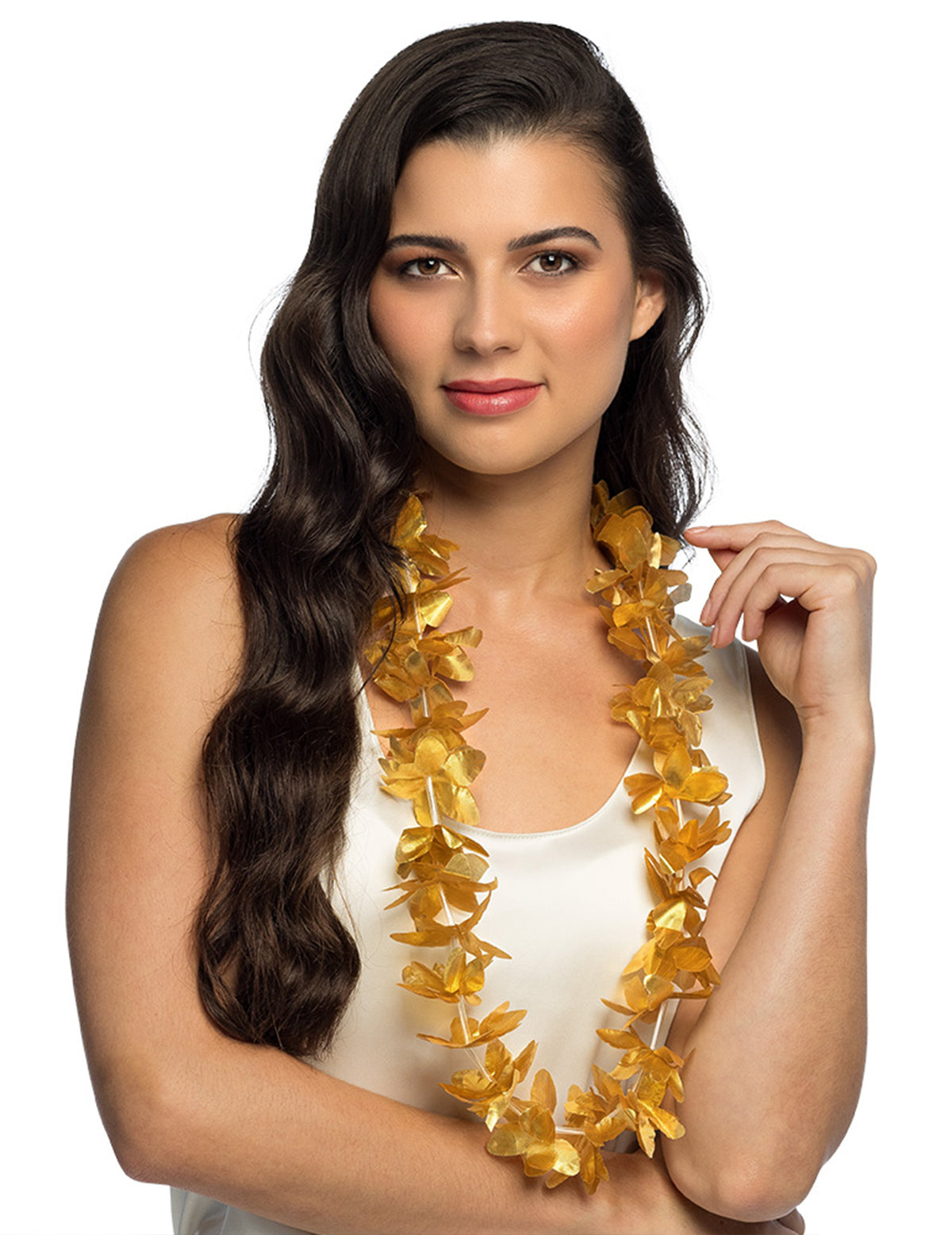 Vue portée du collier de fleurs pour adulte doré