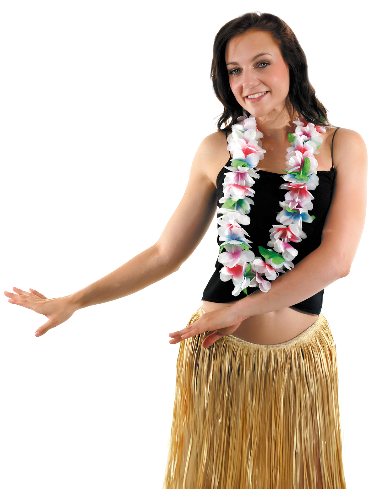Collier Hawaï à grosses fleurs pour adulte blanches avec touches de rose et bleu