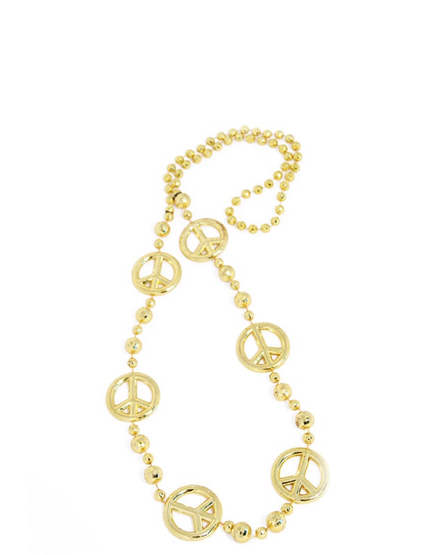 Collier hippie pour adulte doré avec symboles peace and love