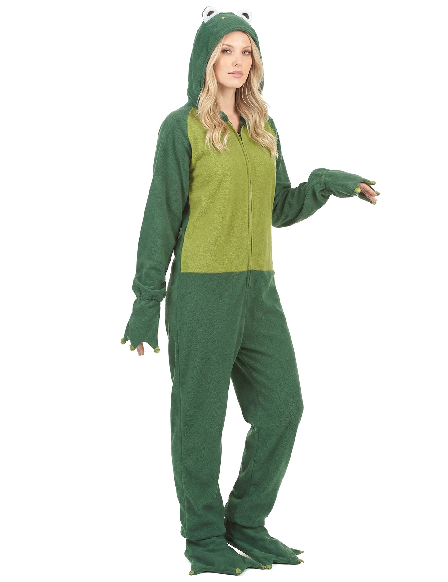 Vue de trois-quarts de la combinaison à capuche grenouille pour femme