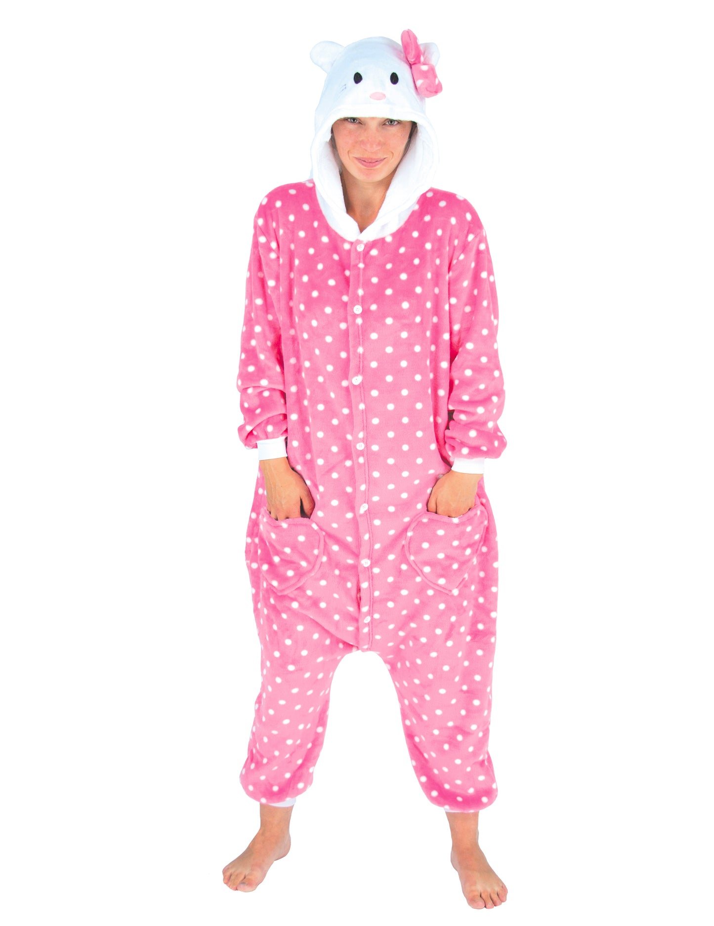 Combinaison chat pour adulte rose à pois blancs avec capuche
