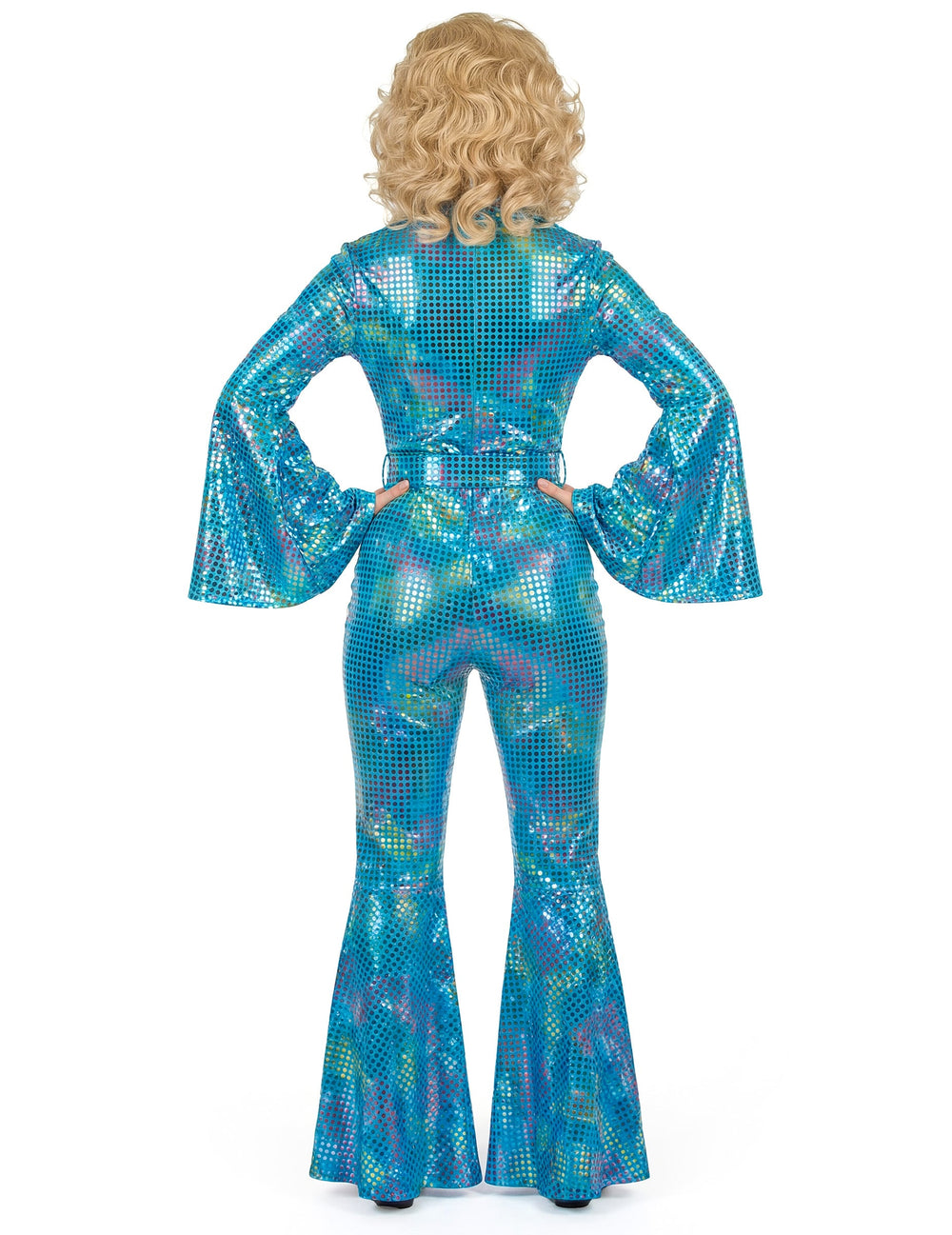 Vue de dos de la combinaison disco pour femme turquoise haut de gamme à sequins